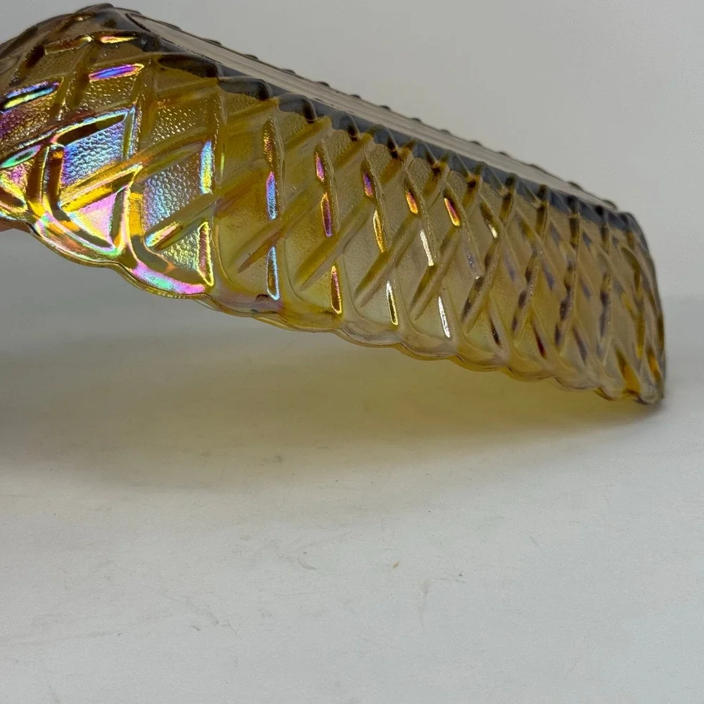 Vintage Amber Iridescent Glass Relish Dish Serving Tray Textured Embossed Retro